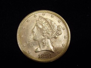 K21.6　ｱﾒﾘｶ　5ドル　ﾘﾊﾞﾃｨﾍｯﾄﾞ　1881　金貨